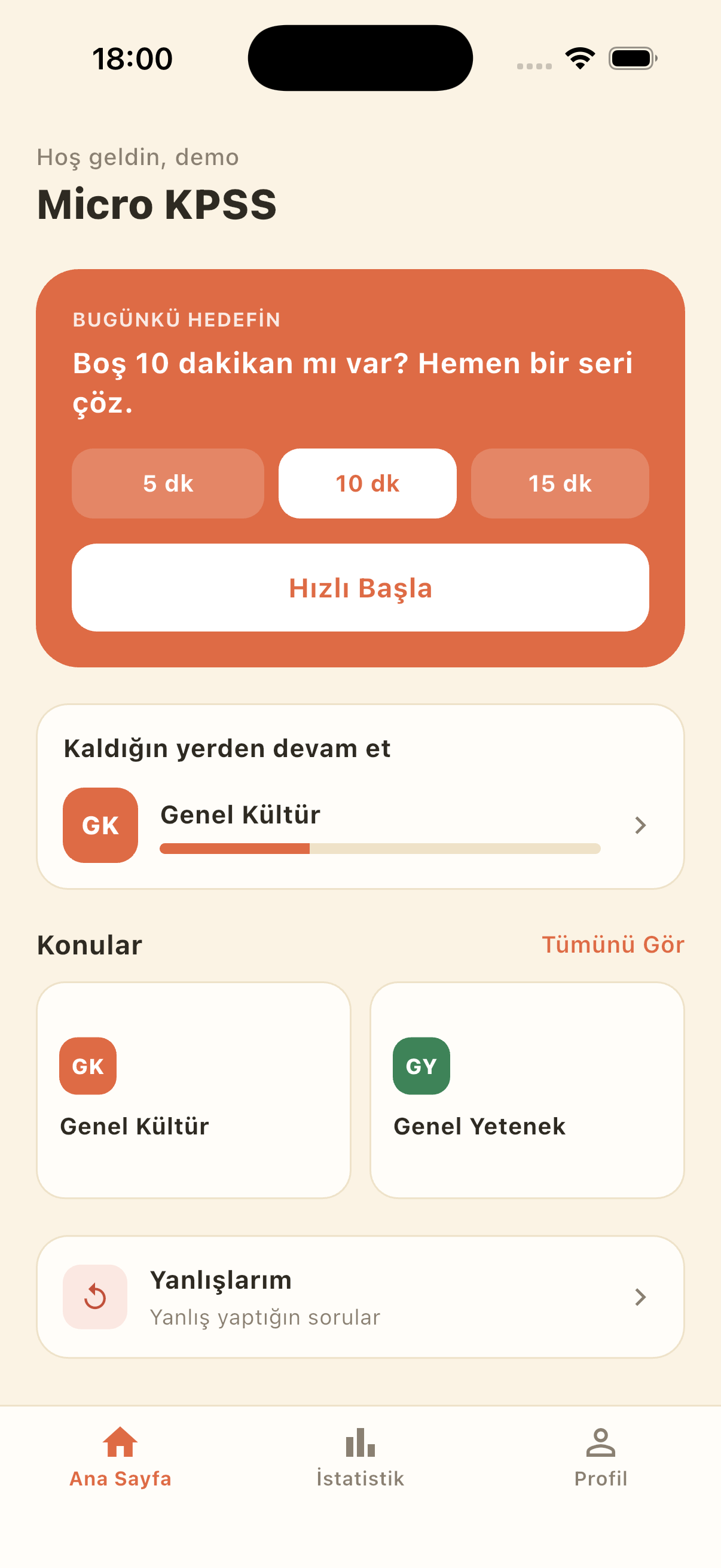 Mikro KPSS ana ekranı: bugünkü hedef ve konular